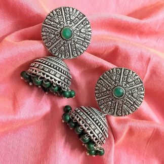 GS Green Beads Oxidized Antique Jhumka