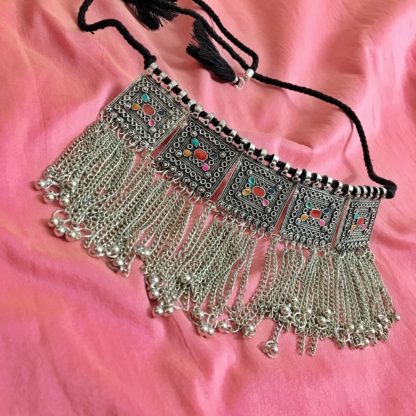 Multicolored Boho Choker with Chain Tassels 2