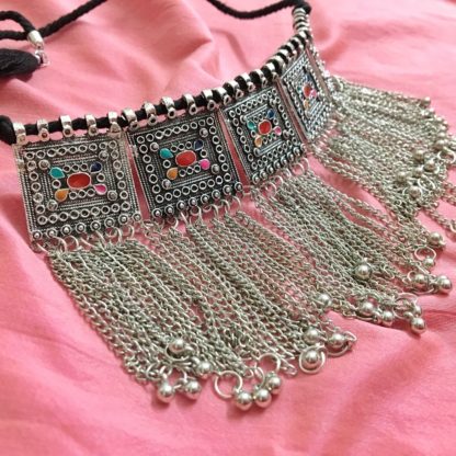 Multicolored Boho Choker with Chain Tassels