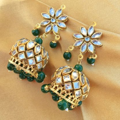 Green Beads Dome Shaped Kundan Jhumkas 1