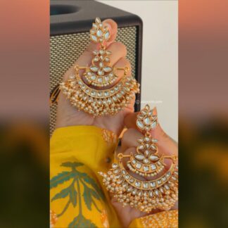 Gold-Plated Kundan-Studded and Pearl-Beaded Chandbalis